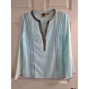 Tory Burch Sky Blue Tunic/Shirt w Brown SilverEmbellishments Size 4. 100% Cotton